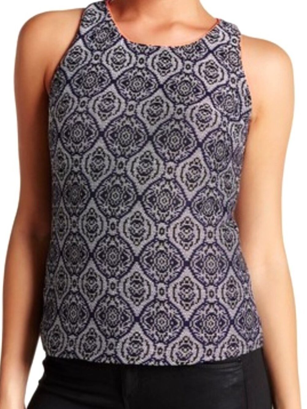 Tart Navy Blue Geometric Print Neon Coral Trim Sleeveless Top